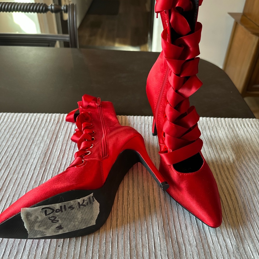 Dolls Kill Red Satin Lace-Up Stiletto Boots - Women's Fashion Heels